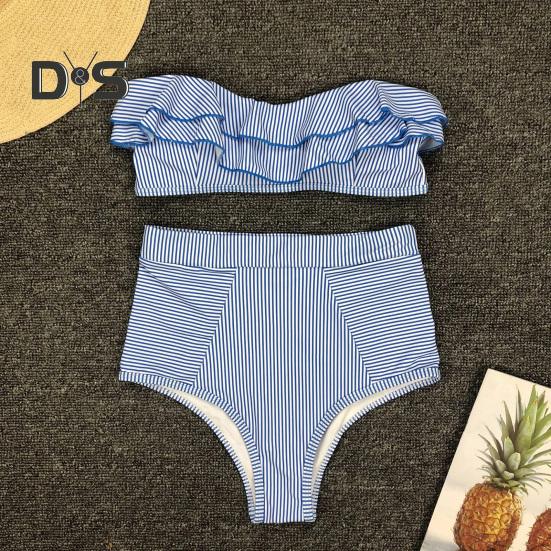 2Pcs/Set Women Bikini Set Ruffle Trim Bandeau Padded Push-Up Bra High Waisted Briefs Set Striped Print Beachwear