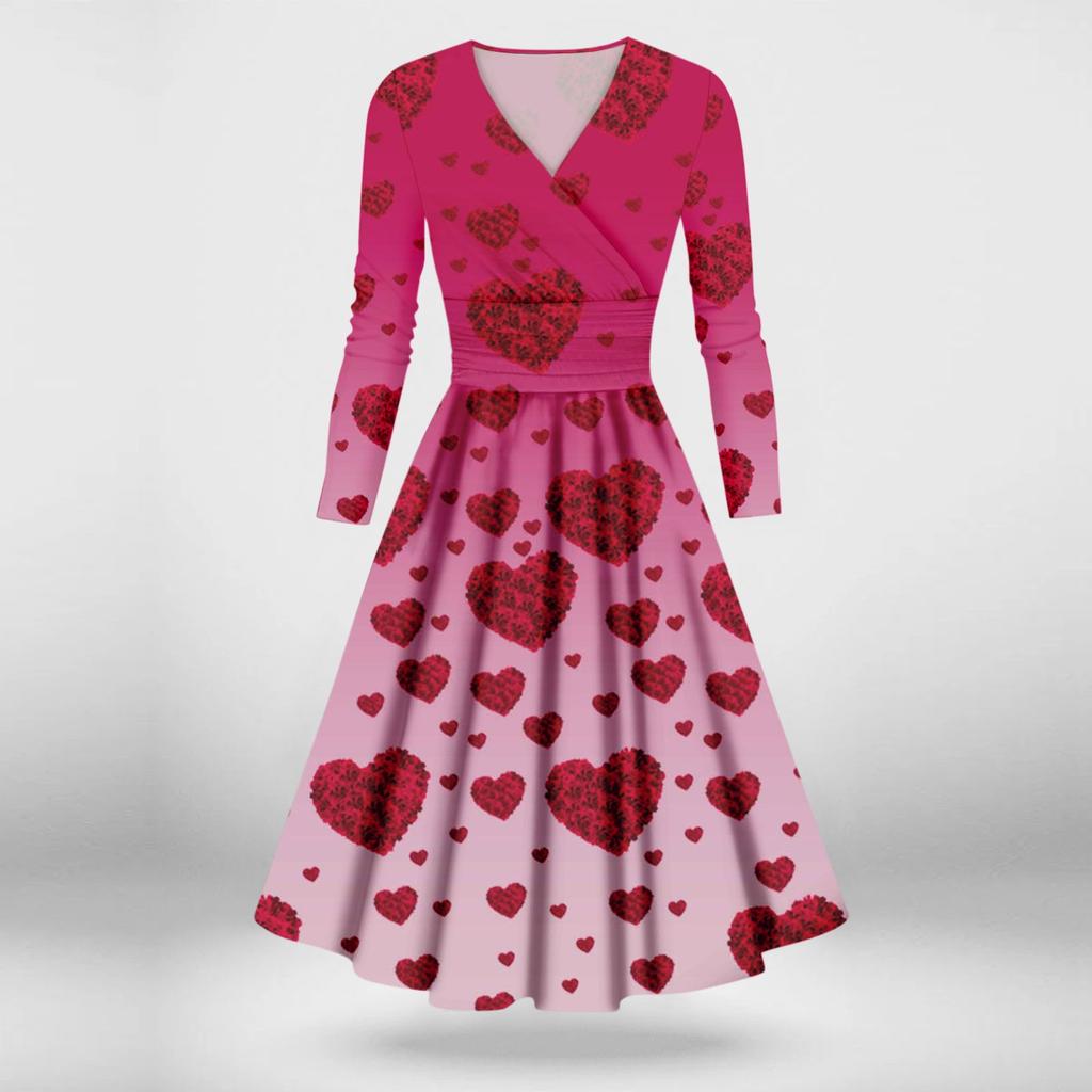 Женская мода повседневные платья на День святого Валентина с принтом, длинным рукавом и V-образным вырезом, сексуальные платья