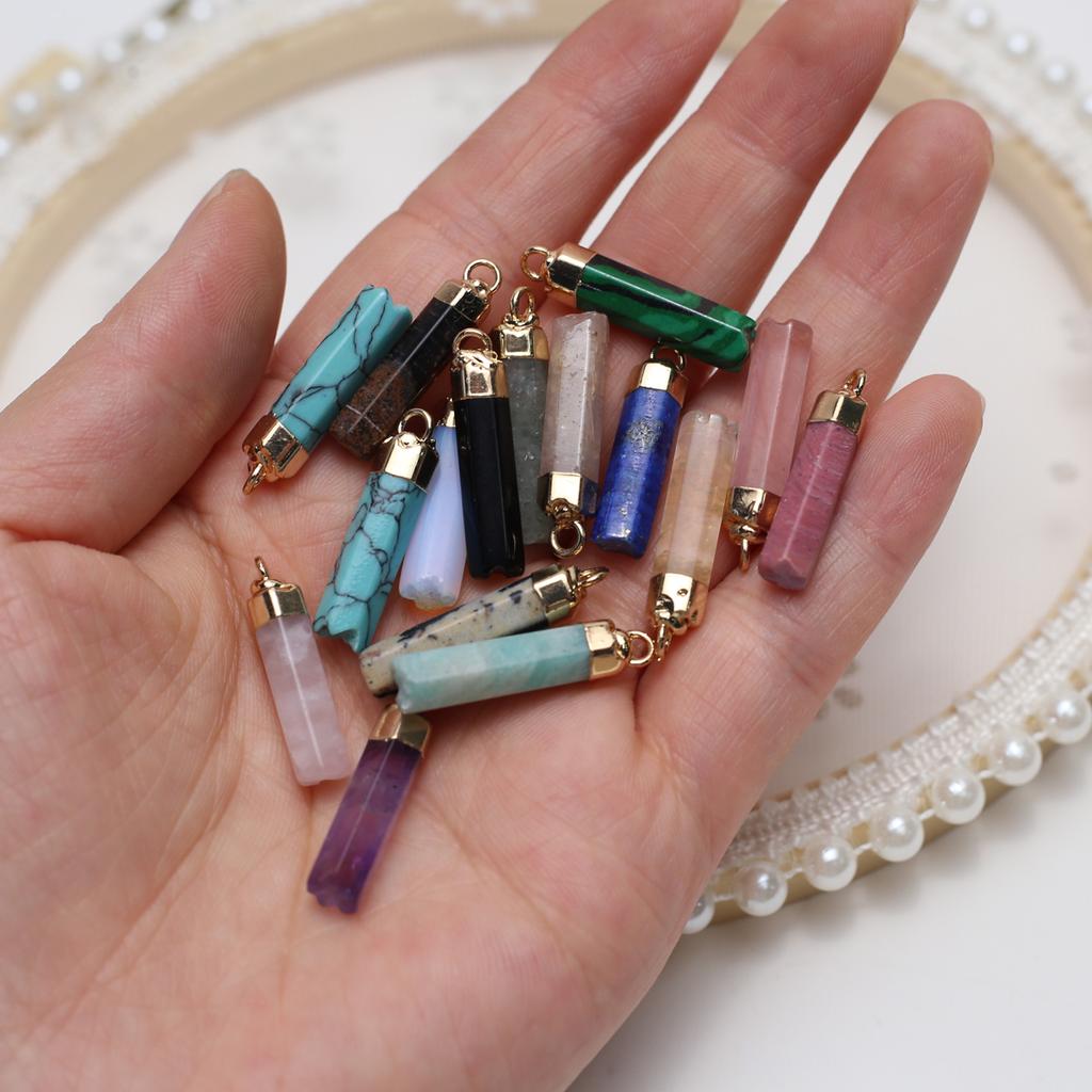 5Pcs, Healing Natural Stone Crystal Pendant, Geometric Style Handcrafted Hexagonal Cylindrical Charms, for DIY Necklace Accessories, Jewelry Making