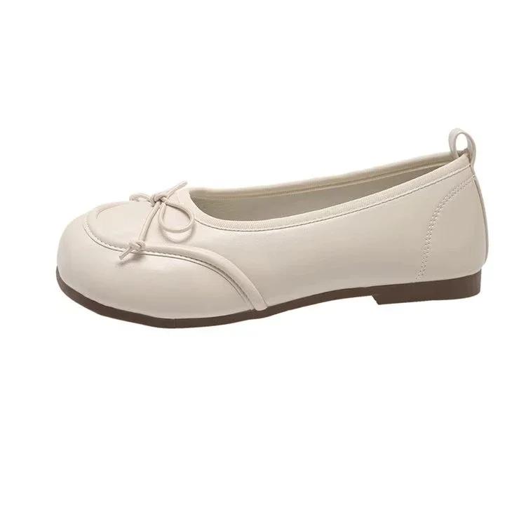 Весна 2024 года, новые модные популярные женские туфли с бантом красного цвета, универсальные туфли с круглым носком и мягкой подошвой на плоской подошве, с неглубоким вырезом, Zapatos Mujer