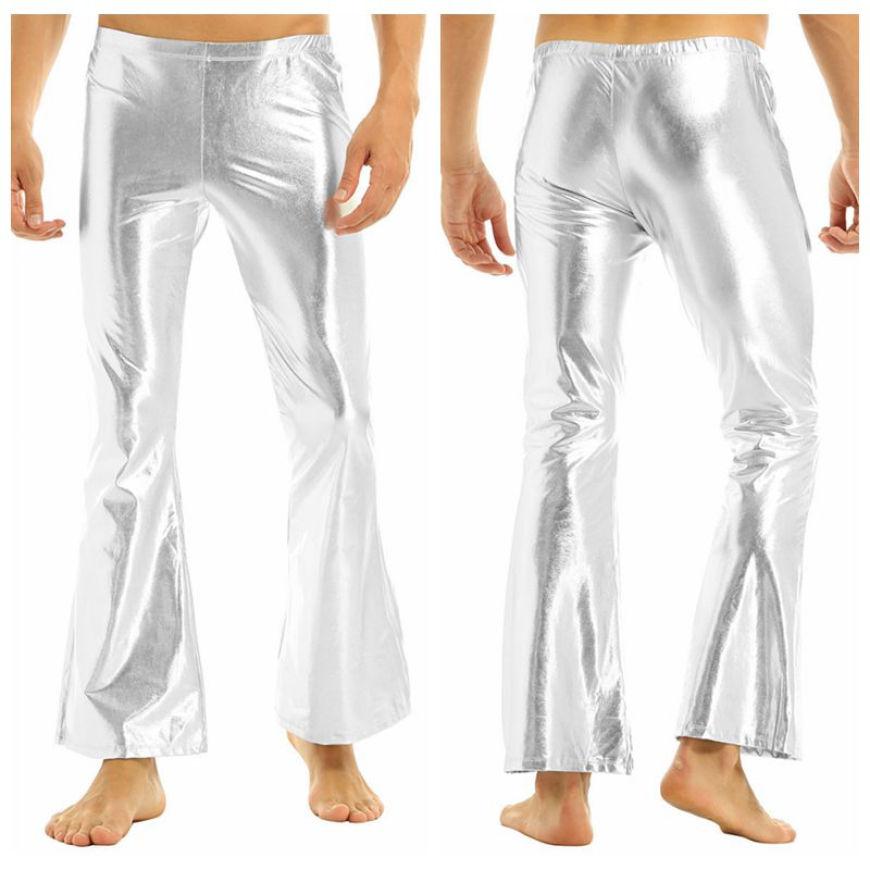 Мужские расклешенные брюки с мокрым внешним видом, ретро-костюм 70-х годов, мужские кожаные брюки, блестящие брюки, леггинсы, танцевальная клубная одежда