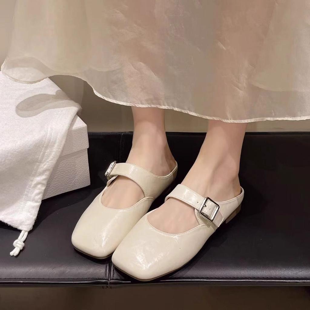 Темпераментные туфли Мэри Джейн с квадратным носком женские осень 2025 новые с открытым верхом, с сумкой на носке, полушлепанцы на низком каблуке, французская плоская подошва, полустелька