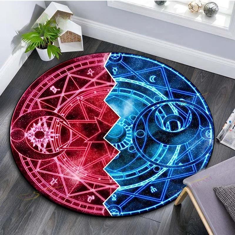 Mystic Sigil Magic Circle Round Rug Alchemy Gothic Print Floor Mat Chic Home Decor for Living Room Bedroom Gaming Indoor Space