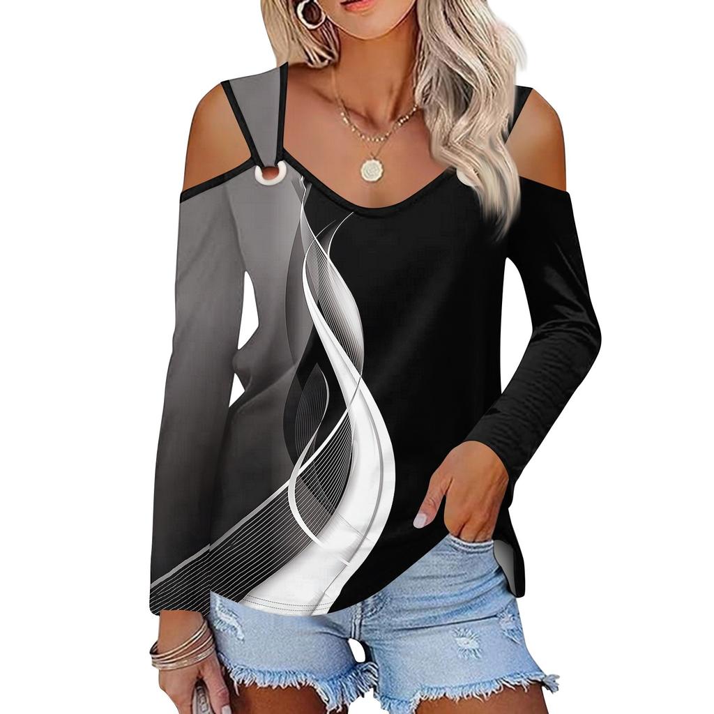 Women's Casual Shirt Blouse Print V-neck Sexy Cold Shoulder Long Sleeve Top