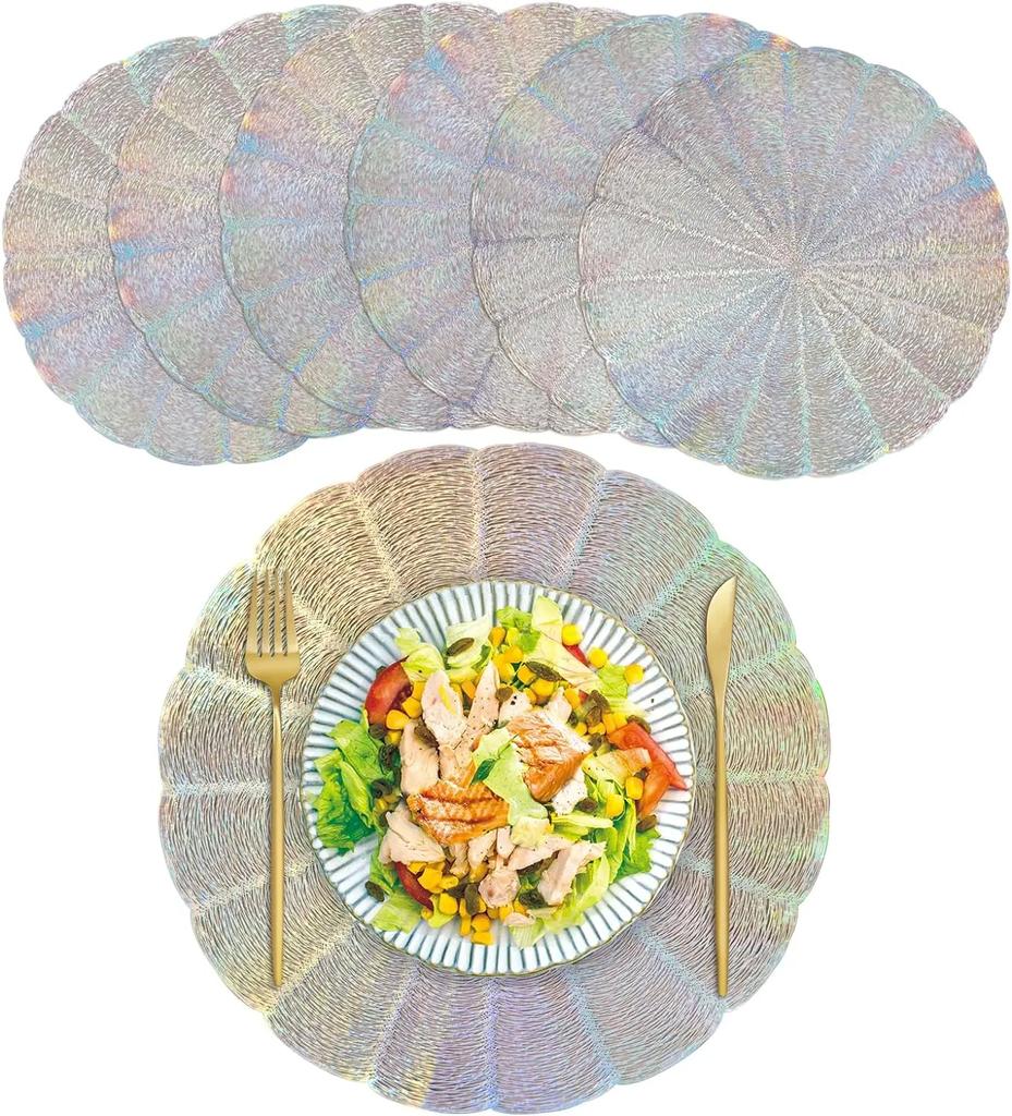 Набор из 6 подставок под тарелки Круглые Золотые Виниловые Легко моющиеся Нескользящие Жаростойкие 15" для Обеденного стола Свадебной вечеринки Фестиваля