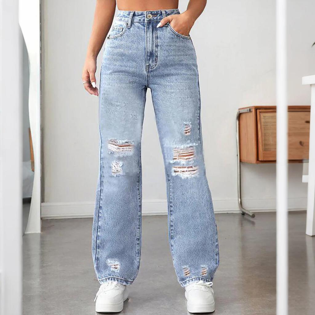 Women's High Waist Washed Women's Jeans Fashionable Versatile Straight Leg Pants