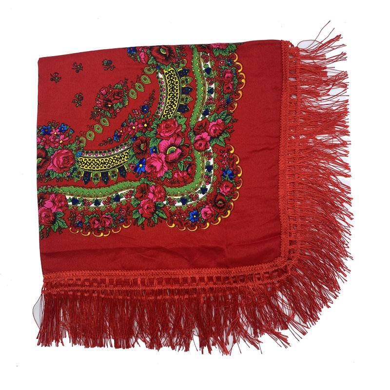 Ethnic Style Women Floral Printed Fringed Russian Square Scarf