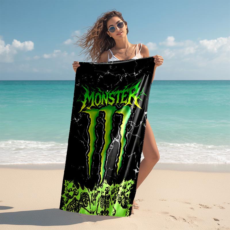 Пляжное полотенце с рисунком логотипа Monster Energy - мягкое, впитывающее, быстросохнущее, можно стирать в машине - идеально для плавания, кемпинга, купания