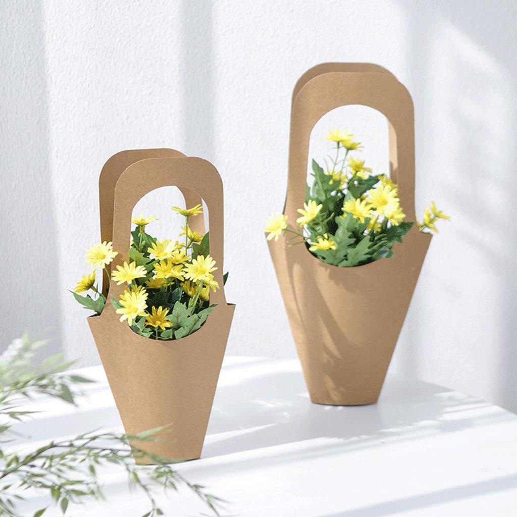 5PCS Paper Bags Handle Kraft Paper Flower Packaging Bag for Gift Floral Arrangements and Presents Wrapping Handbag