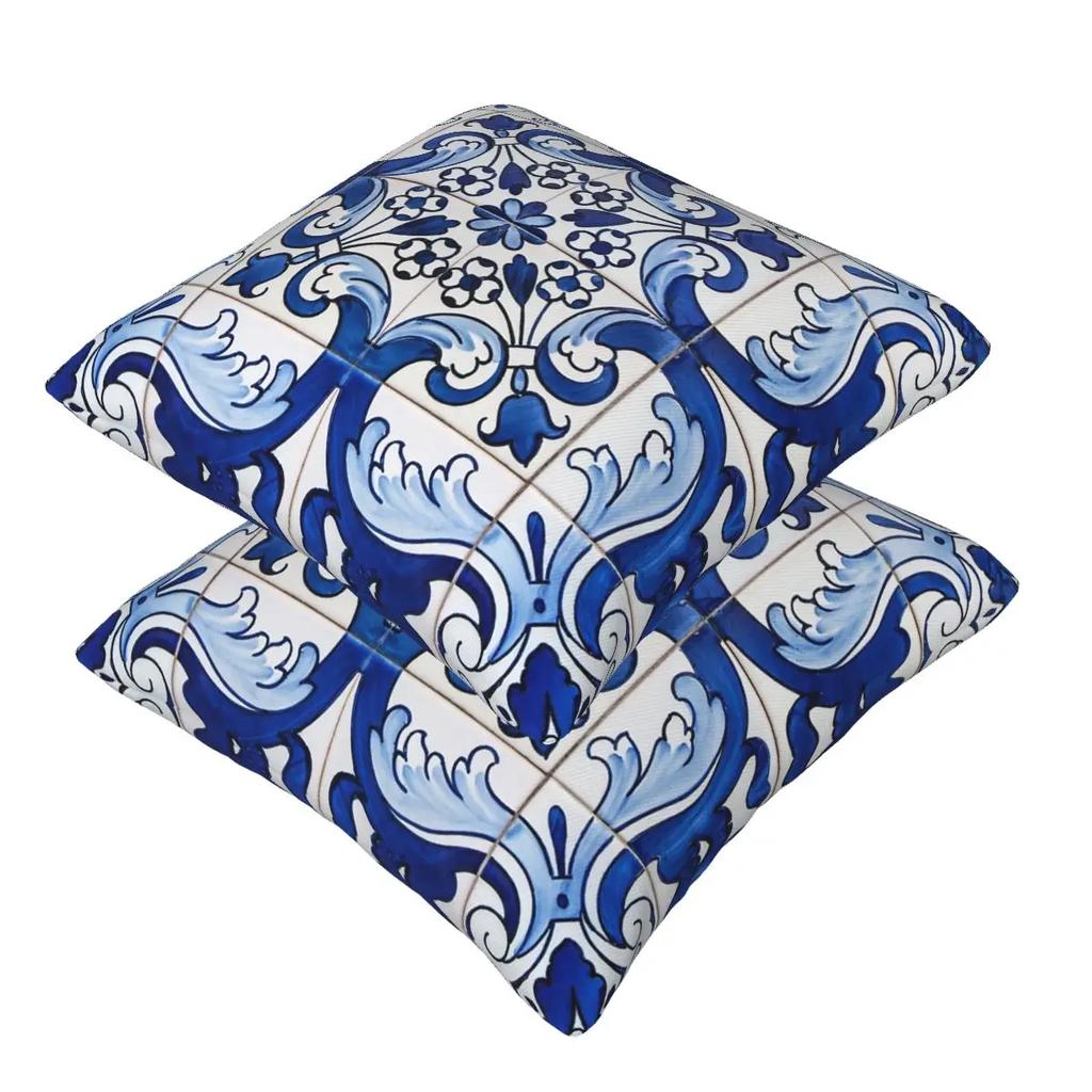 Antique Classic Lisbon Blue Azulejo Tile Floral Pattern 2 Pcs Square Pillowcase Pillow Cover Comfort Throw Pillow For Home