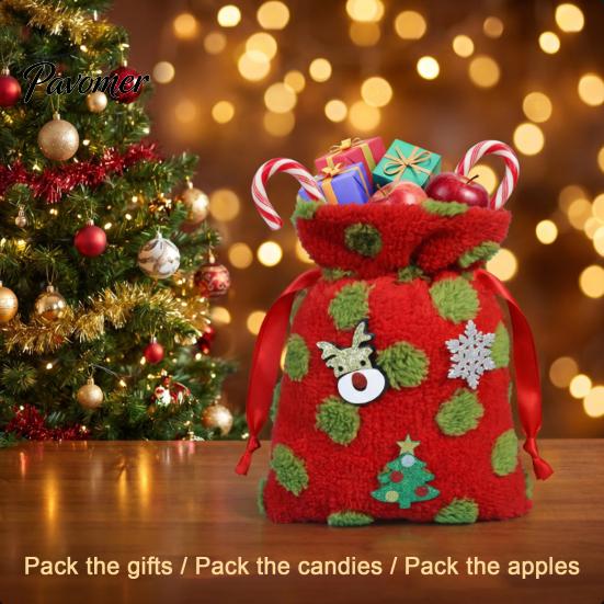 Winter Festival Treat Bags Christmas Plush Gift Bag with Drawstring, Soft Santa Sack for Candy Snowflake Pattern Storage Apples Presents, Reusable