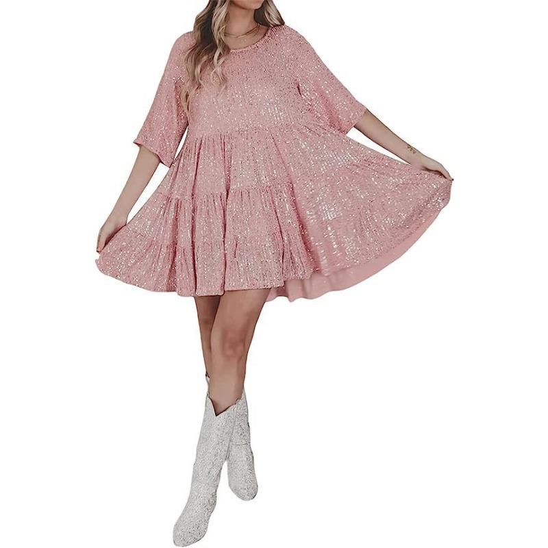 Весенние и летние женские платья, платья с пайетками, плиссированные свободные платья с короткими рукавами и круглым вырезом