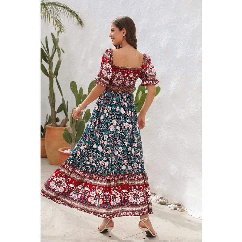 Платья для пляжного отдыха в стиле бохо, платья миди с рукавами-фонариками и одним плечом