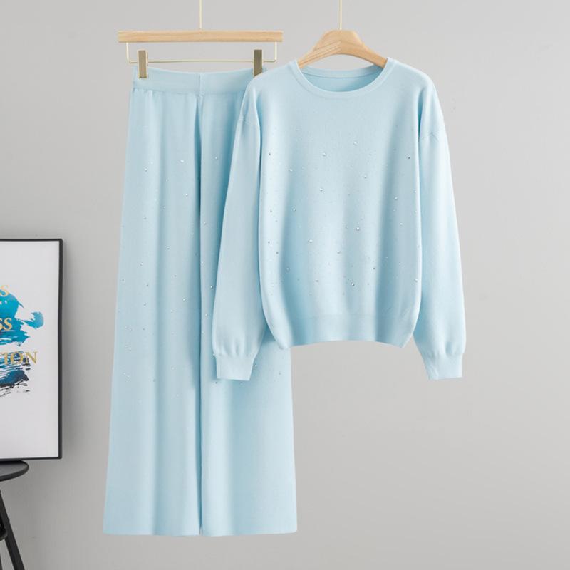 Autumn and Winter Gypsy Stars Hot Diamond Round Neck Pullover Long Sleeve Knitted Sweater Loose Knitting Two-piece Set Women