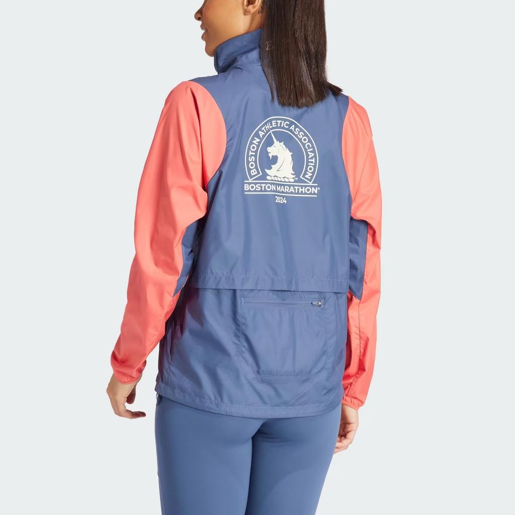 Adidas Boston Marathon 2024 Celebration Jacket Color Block Striped Zip Retro Sports Stand Collar Long Sleeve Jacket Women Jacket Blue IT1450