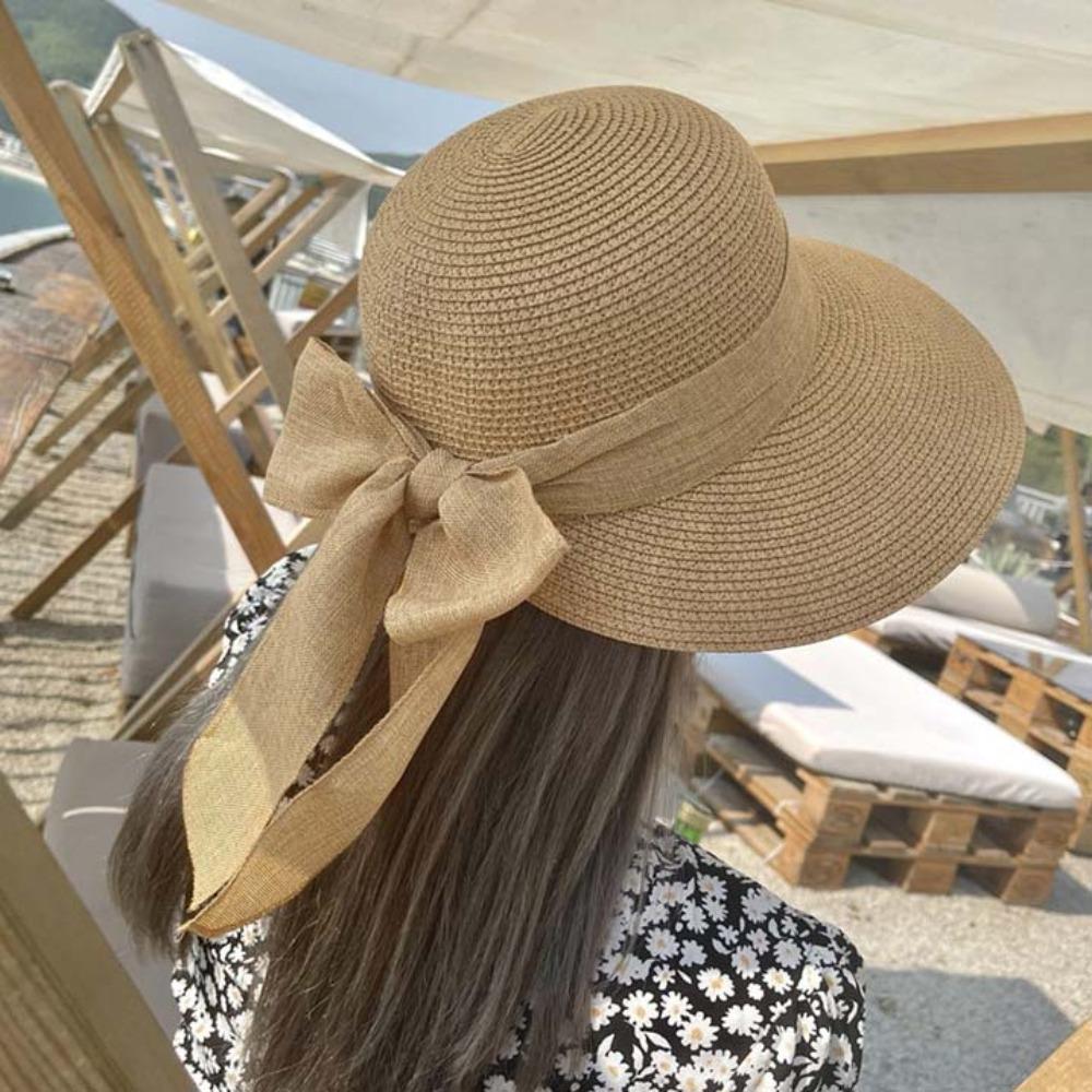 Portable Big Brimmed Woven Cap Breathable Bow Fisherman Cap Straw Weaving Beach Hat  Seaside