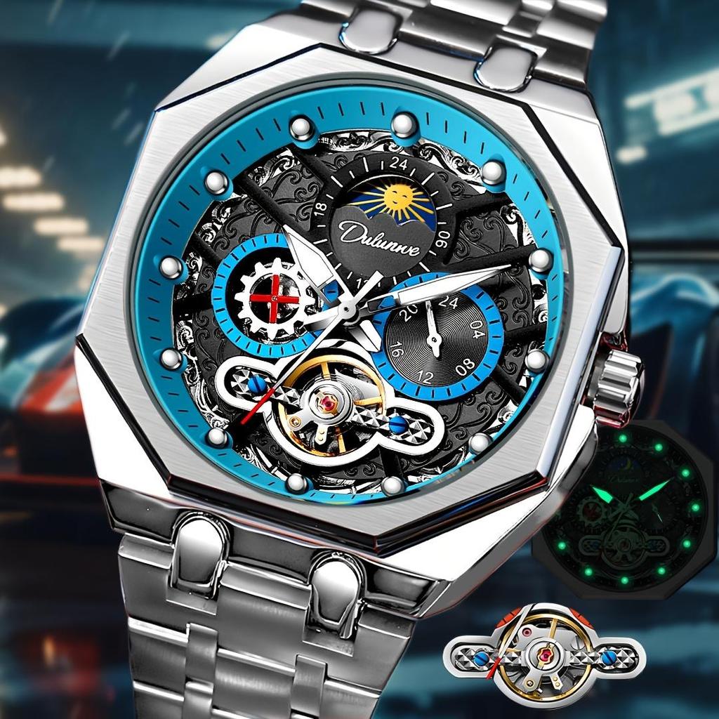 Tourbillon Hollowed Out Strong Luminous Moon Phase Mechanical Watch for Men, Fully Automatic Business Watch, Holiday Gift, Stainless Steel Watch