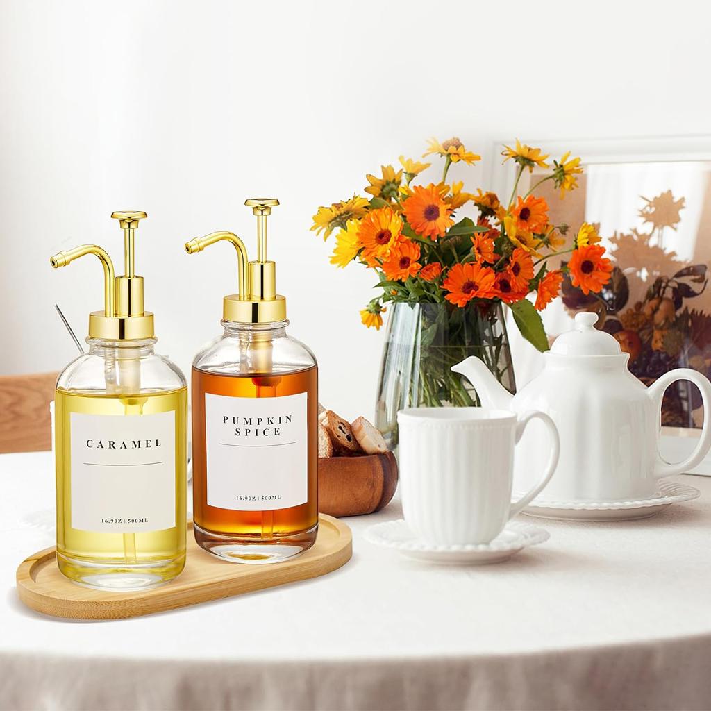 Диспенсер для кофейного сиропа для кофейни, дозатор для кофейного сиропа на 16,9 унций, стеклянная бутылка для сиропа с этикетками и бамбуковым подносом