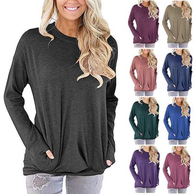 Женская модная повседневная однотонная футболка с круглым вырезом и карманом с длинными рукавами, топ