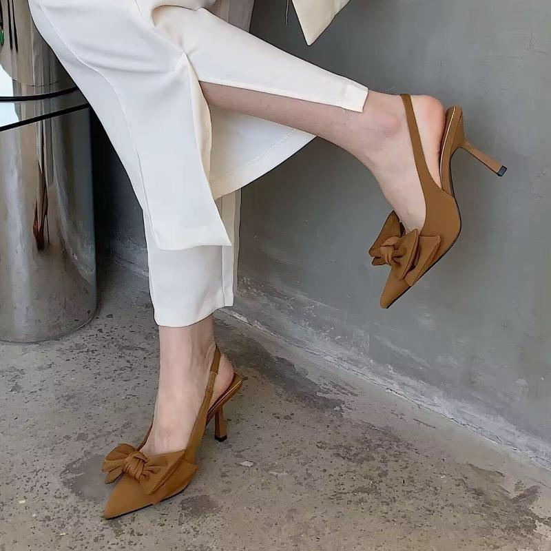 2024 Летние брендовые женские босоножки с открытой пяткой на высоком каблуке, модные с бантом и острым носком, элегантные женские босоножки на высоком каблуке, большой размер
