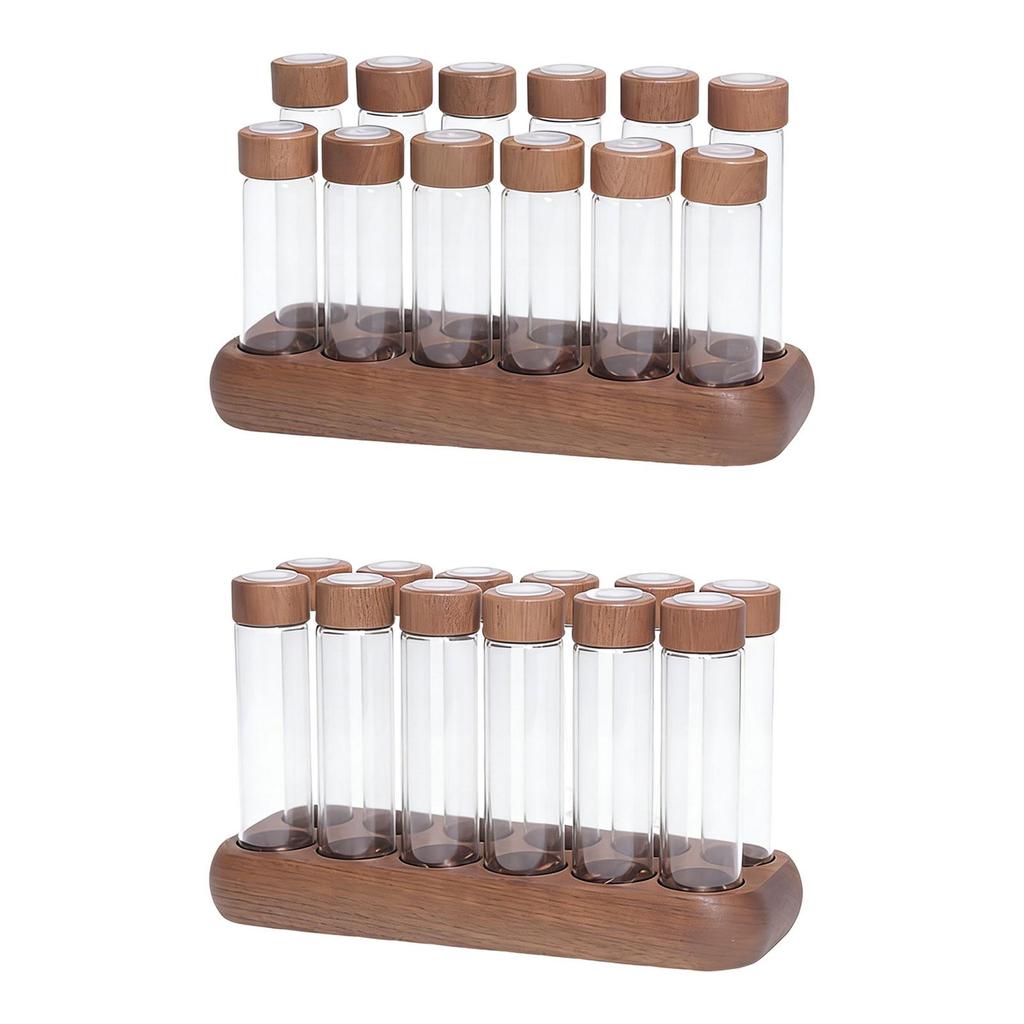 Single Dose Coffee Bean Storage Tubes Glass Airtight Container Wooden Stand Dustproof Organized for Kitchen Shelves