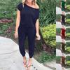 Women's Loose Solid Off Shoulder Elastic Waist Stretchy Long Romper Jumpsuit With Pockets