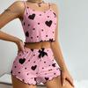 2 Pcs/Set Women Summer Pajamas Suit Adjustable Strap Sleeveless Heart Print Crop Top Shirring Edge High Waist Shorts Bedroom Sleepwear Set