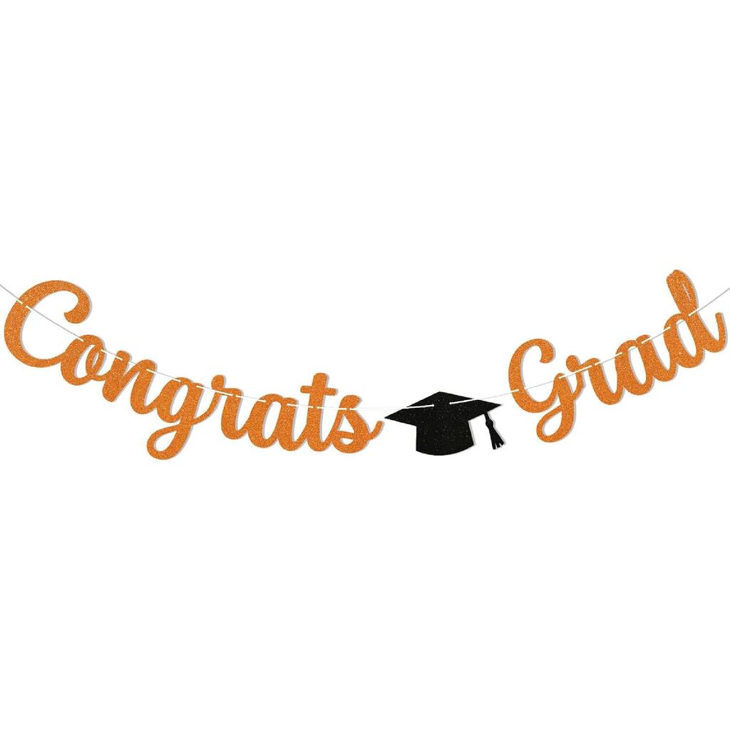 Pre-Strung Congrats Grad Banner - Black Glitter Graduation Party Banner with Cap, Congratulations Graduate Decor, High School College Graduation