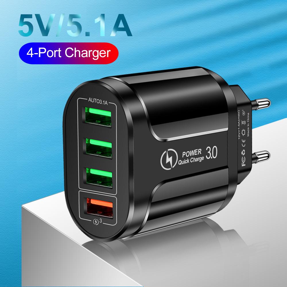 Быстрое зарядное устройство QC3.0: 4 USB-порта со светодиодной подсветкой для путешествий по США/ЕС/Великобритании