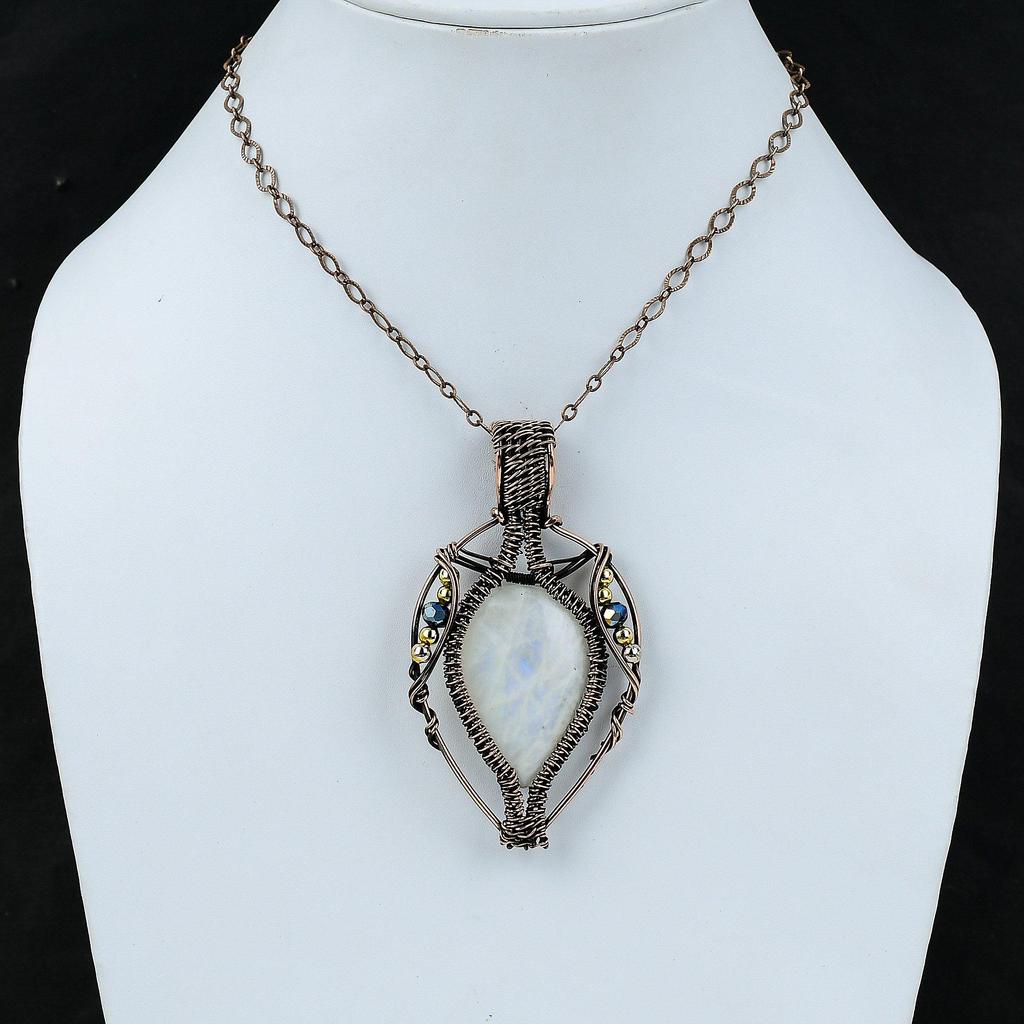 Подвеска Rainbow Moonstone, подвеска из медной проволоки, подвеска из драгоценных камней, подвеска ручной работы из титановых бусин, подвеска в подарок маме, ювелирные изделия из медной проволоки