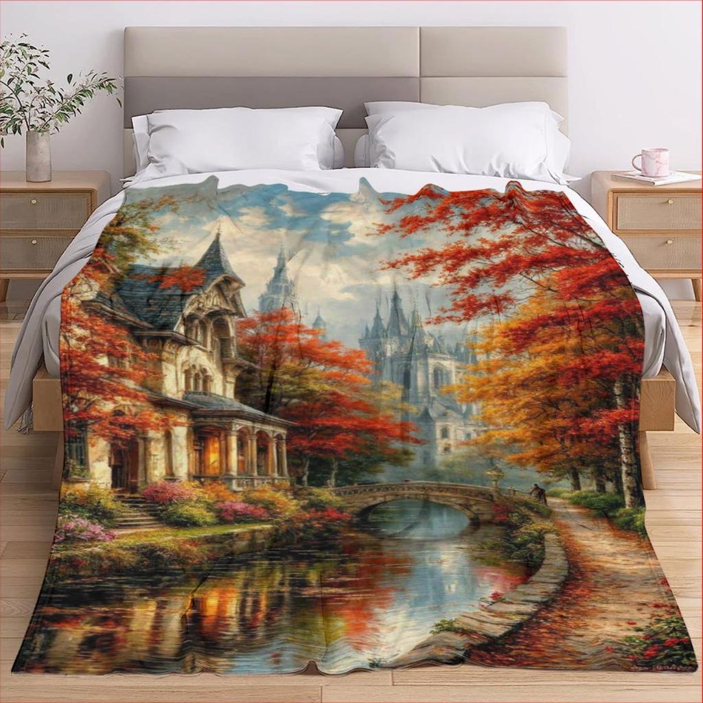 Autumn river landscape pattern flannel blanket - bed, sofa, office, travel, gift, decoration, chair, comfort and warmth, Christm