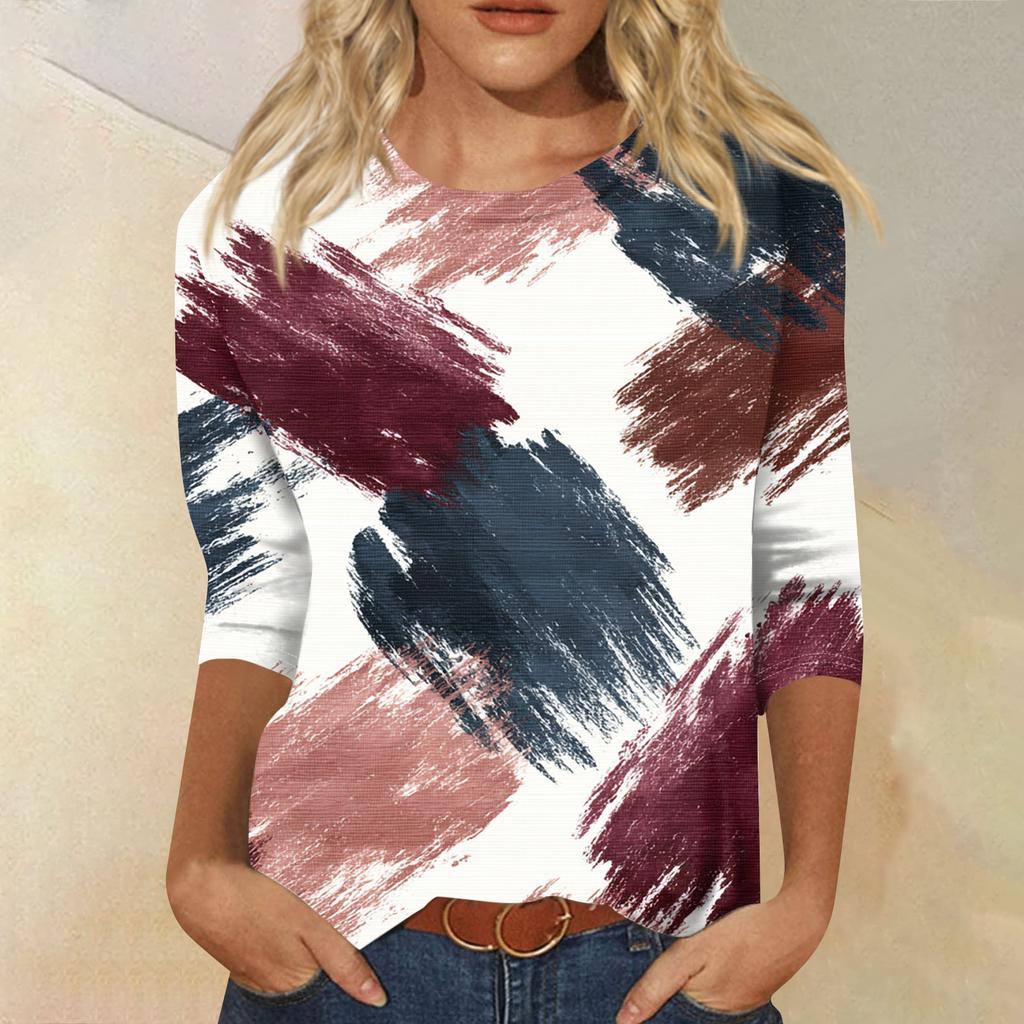 Women's Fashion Casual Round Neck Three-quarter Sleeve Gradient Print T-shirt Top