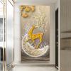 Abstract Fengshui Golden Deer Canvas Painting Zen Stone Posters and Prints Modern Luxury Leaves Wall Art for Porch Decor Unframe