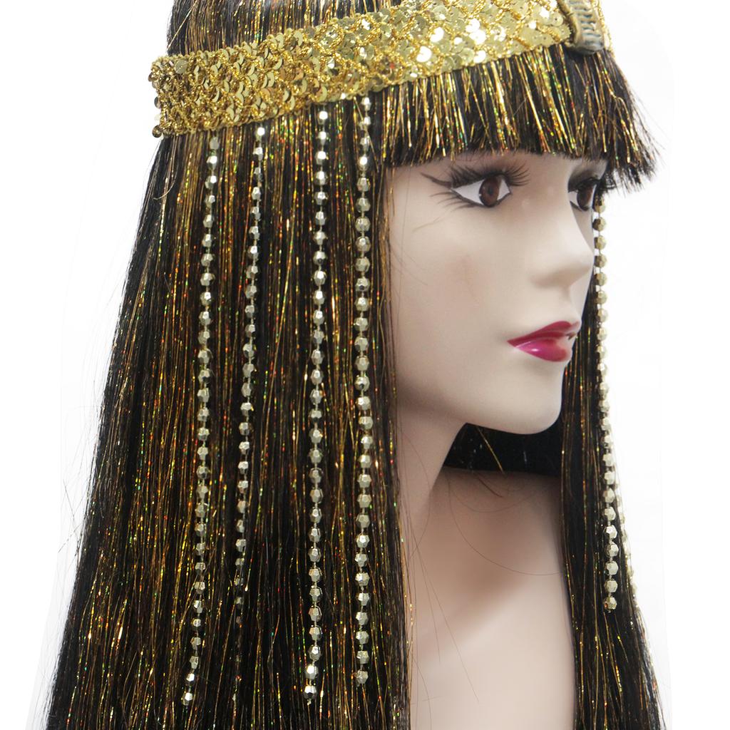 Новый модный косплей-парик египетской царицы - Золотой головной убор в виде змеи, Золотой дождь шелк, Черный длинный прямой синтетический парик