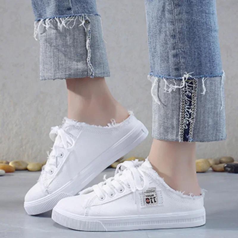 Модные женские полукеды-тапочки Удобная женская повседневная обувь Женские туфли на плоской подошве Дышащие кеды из парусины Противоскользящие Zapatillas