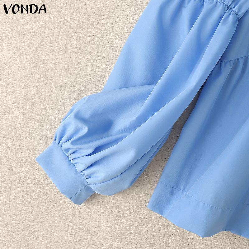 VONDA Женская повседневная блузка с круглым вырезом, пышными длинными рукавами и однотонной расцветкой, свободного кроя