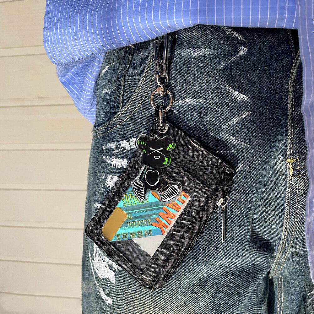 ID Card Holder Zipper Pocket 2 Sided 5 Cards Slots Keychain Lanyard for Mens Bus Subway Card Pouch