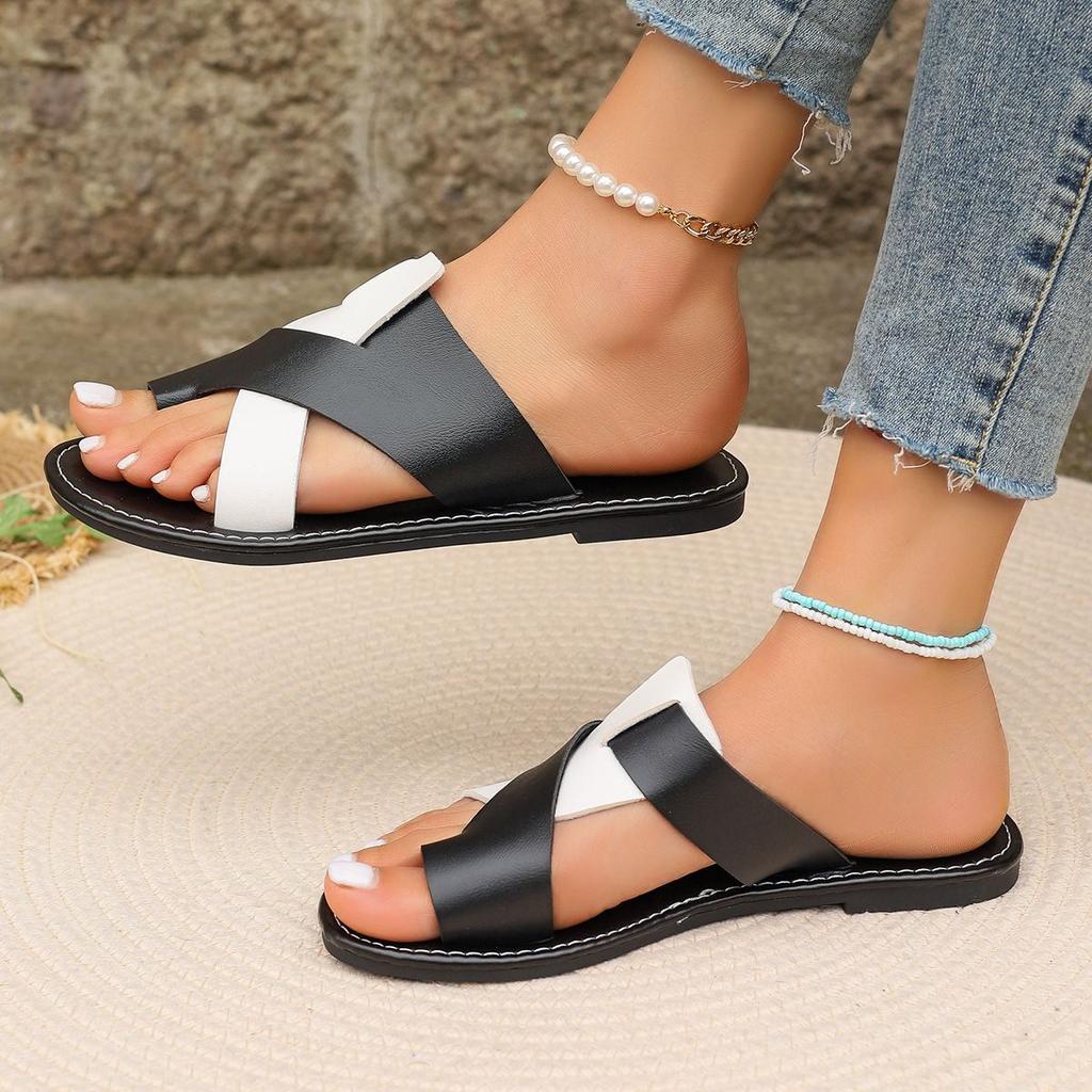Women's Contrast Color Slide Sandals Flat Summer Shoes Lightweight Slide Sandals Fashionable Simple Lightweight Casual Loop Toe