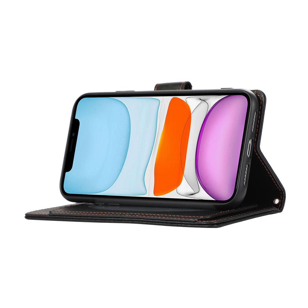 For iPhone 11 Cell Phone Case Lines Imprinted Built-in Mirror Anti-drop Leather Cover with 2 Straps