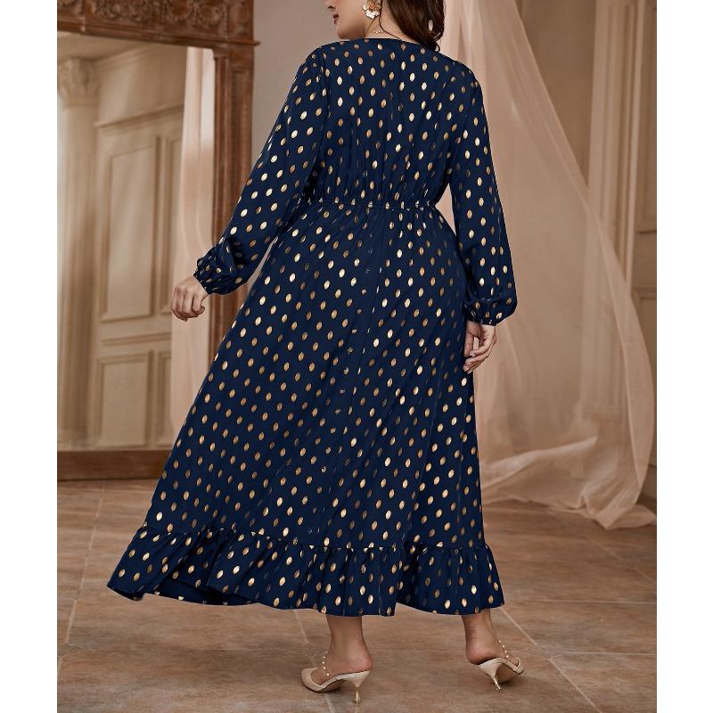 Плюс Размер Женщин Высокая Талия Горошек Новое Платье Эластичный Пояс Принт