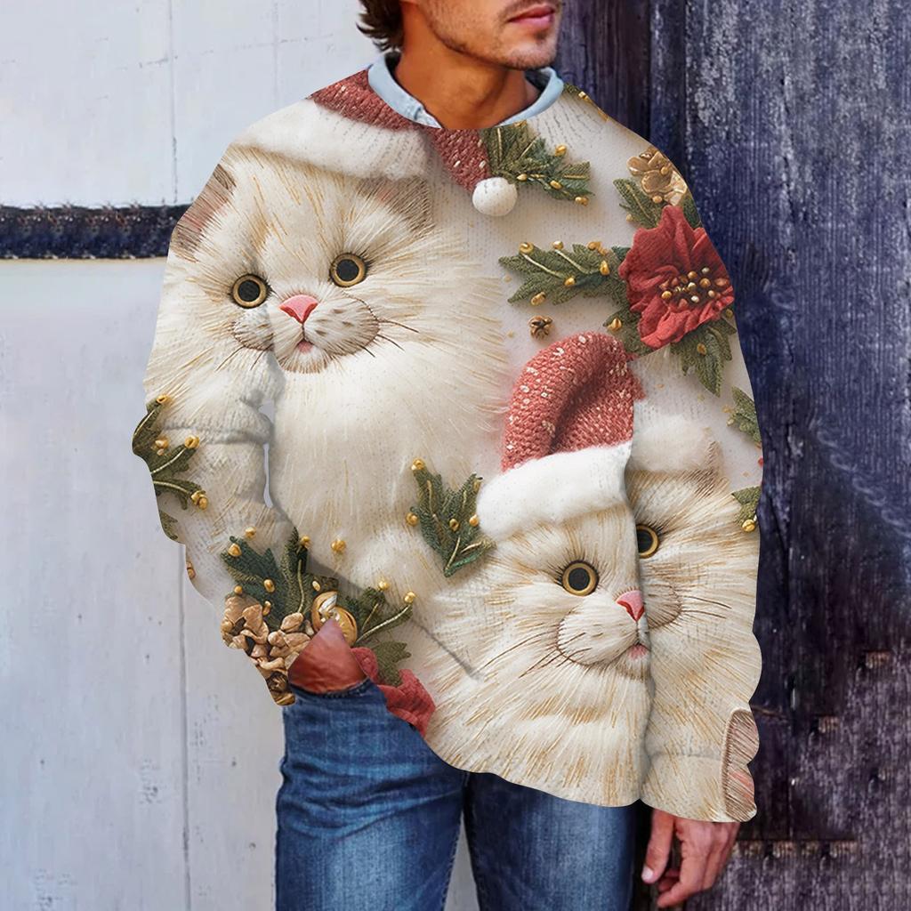 Men's Christmas Print Faux Sweater, Crewneck Sweatshirt, Loose Long-sleeved Top