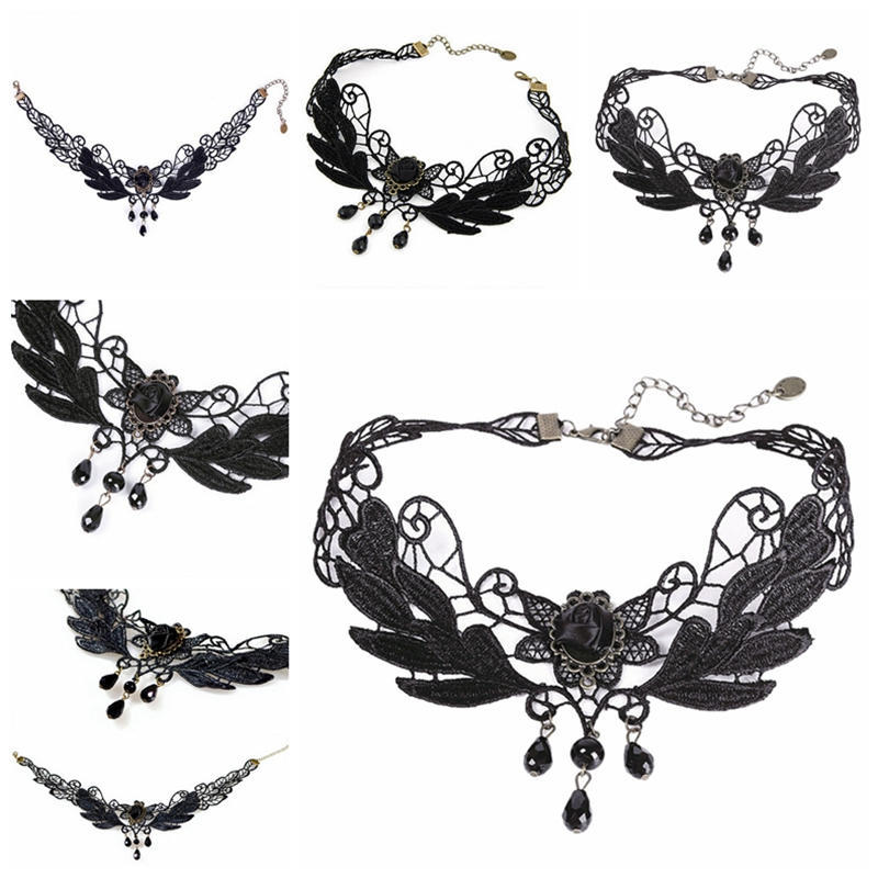 Женское ожерелье-чокер с подвеской в виде капли черной розы в стиле Лолиты