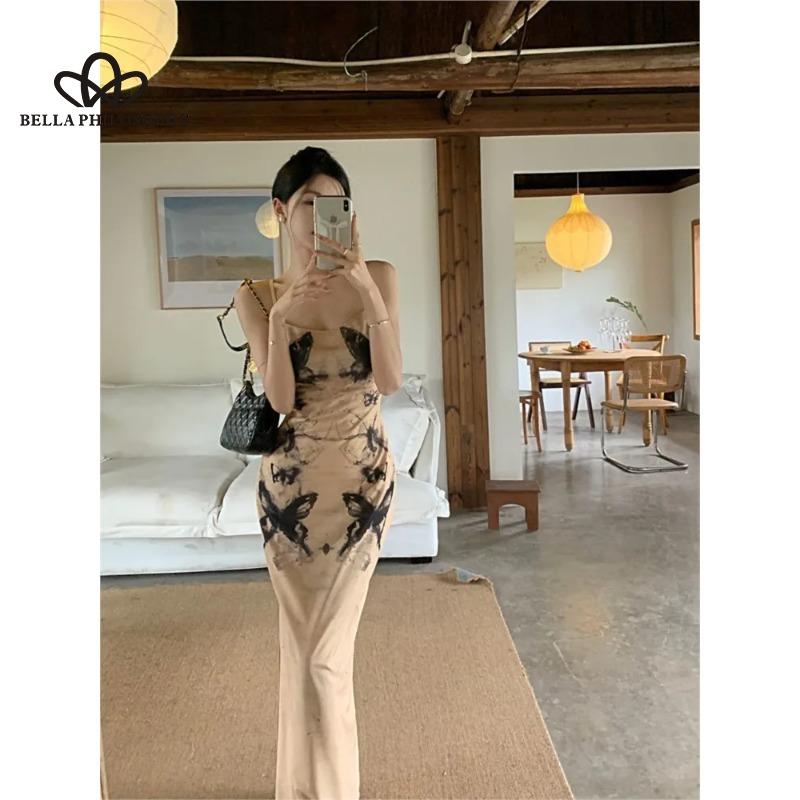 Summer French Style Design Sense Unique Ink Butterfly Print Waist Pleated Slim-fit Slim-fit A-strap Dress