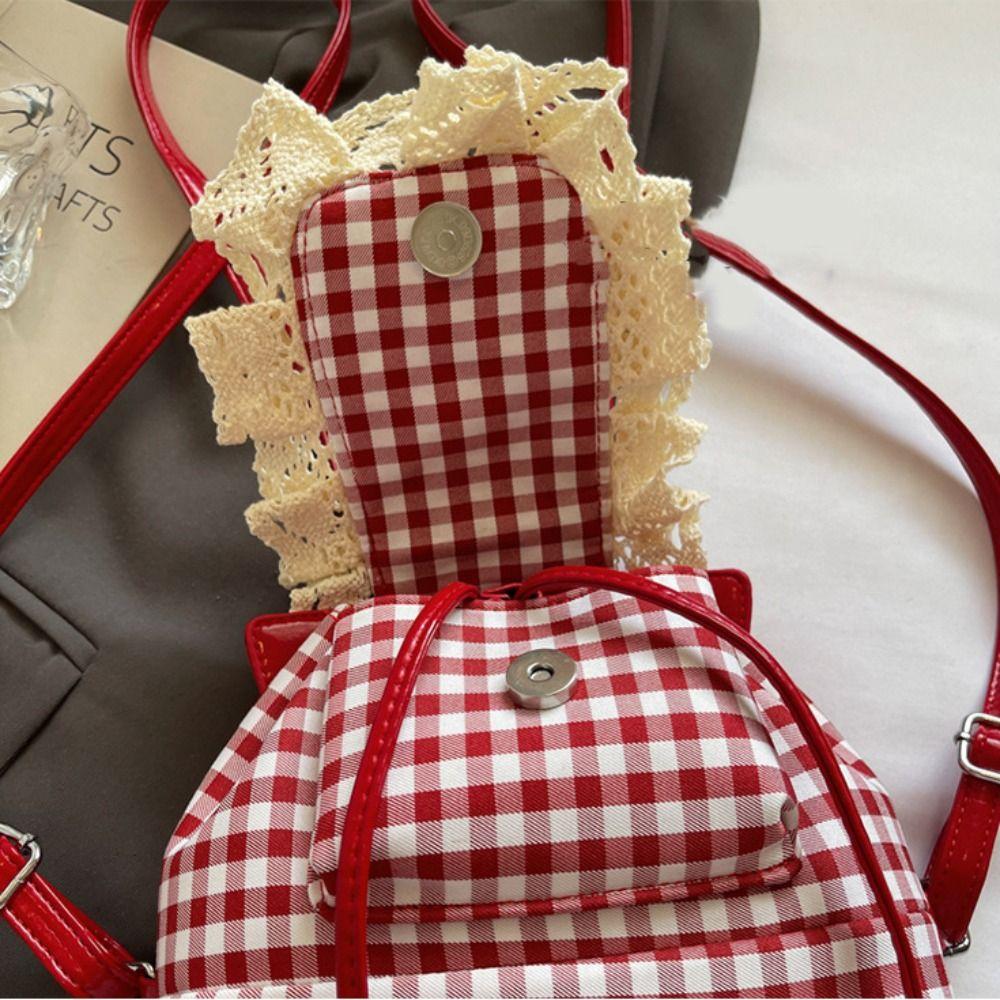 Canvas Lace Plaid Backpack Korean Style Bow Shoulder Bag Multi Functional Cherry Backpack  College