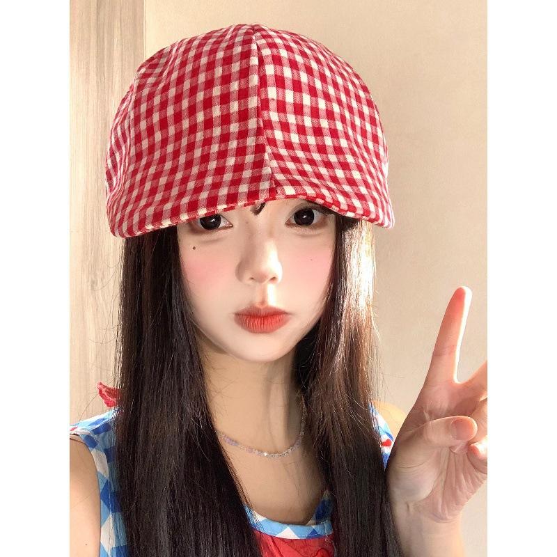 Sweet plaid thin baseball cap for women, summer artsy pastoral style, fashionable sunshade vintage forward hat, beret