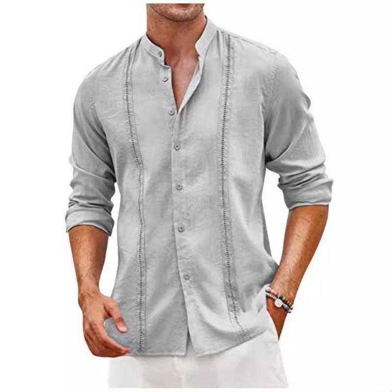Men's Long-Sleeved Shirts Autumn Solid Color Stand-Up Collar Shirts Casual Beach Style Plus Size Shirts