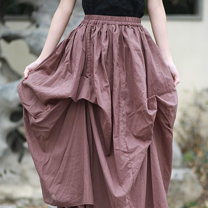Johnature Women Vintage Irregular Skirts Elastic Waist Solid Color Summer Fold Female Skirts