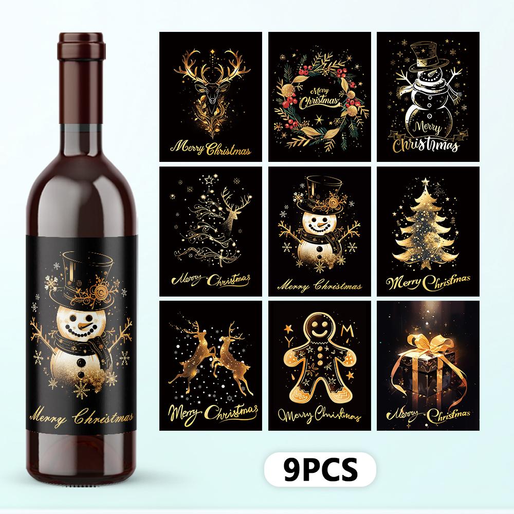 9pcs Christmas Decoration Wine Bottle Waterproof Stickers 5x3.93inch Christmas Wine Label, Christmas Party Decoration