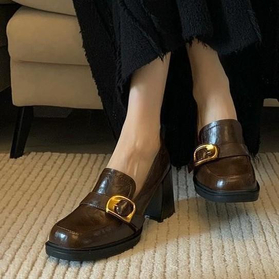 Весна и осень Британский ветер однопедальные туфли квадратной формы на высоком каблуке Маленькие кожаные туфли Женские туфли JK на толстом каблуке Одинарные туфли