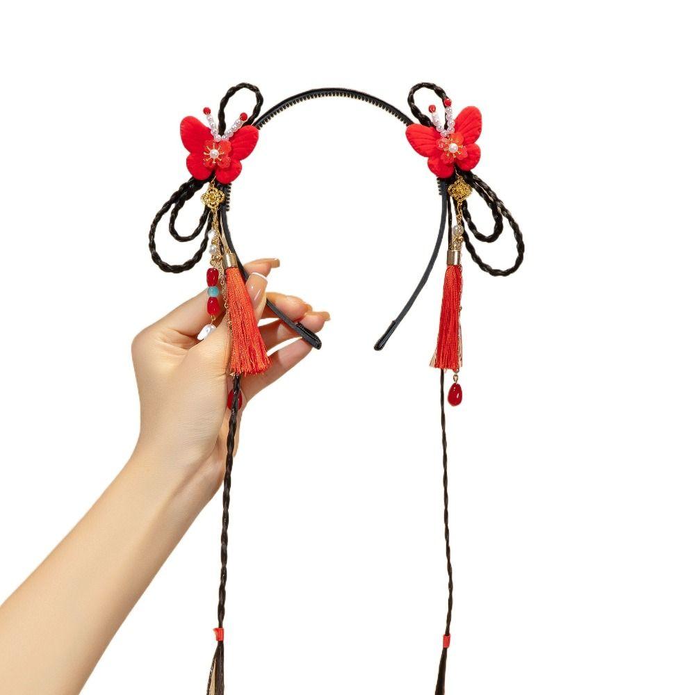 Красный парик ханьфу, повязка на голову с жемчугом, новогодний головной убор, традиционная повязка на голову с цветочной кисточкой для детей